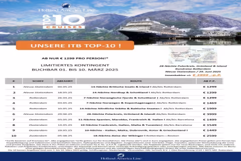 Holland America Line Launches TOP TEN Promotion and Extends HAVE IT ALL Offer for ITB Berlin 2025
