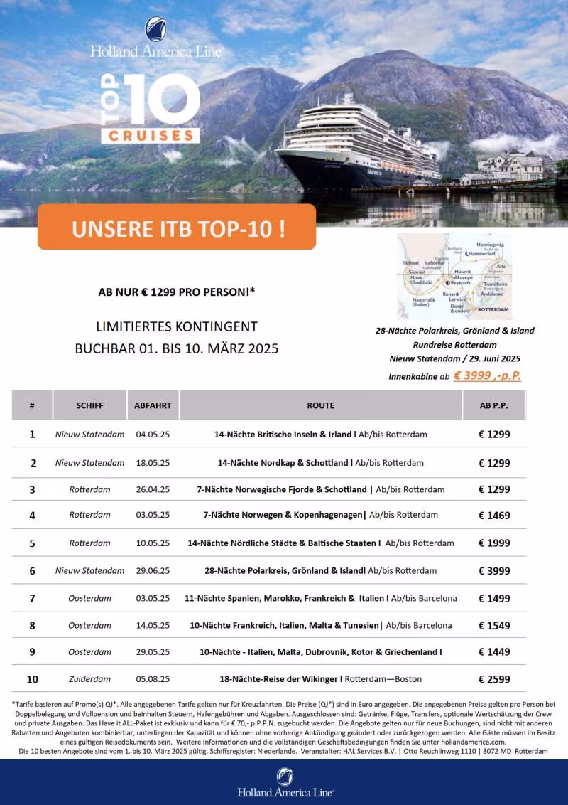 Holland America Line Launches TOP TEN Promotion and Extends HAVE IT ALL Offer for ITB Berlin 2025