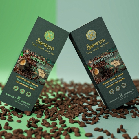 SERENCO COFFEE : YOUR MOMENT, EVERY TIME. PRODUCED SINCE 1880 FROM BRAZIL ETHIOPIA AND COLOMBIA
